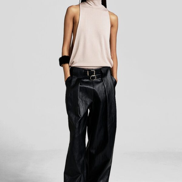 The Frankie Shop Olivet Faux Leather Trousers - Black - Oversized Minimalist Pants in Black - Shop at Coveti