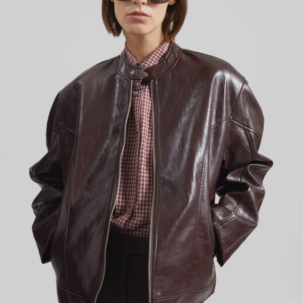 The Frankie Shop Ostend Faux Leather Biker Jacket - Burgundy - Oversized Minimalist Jackets in Red - Shop at Coveti