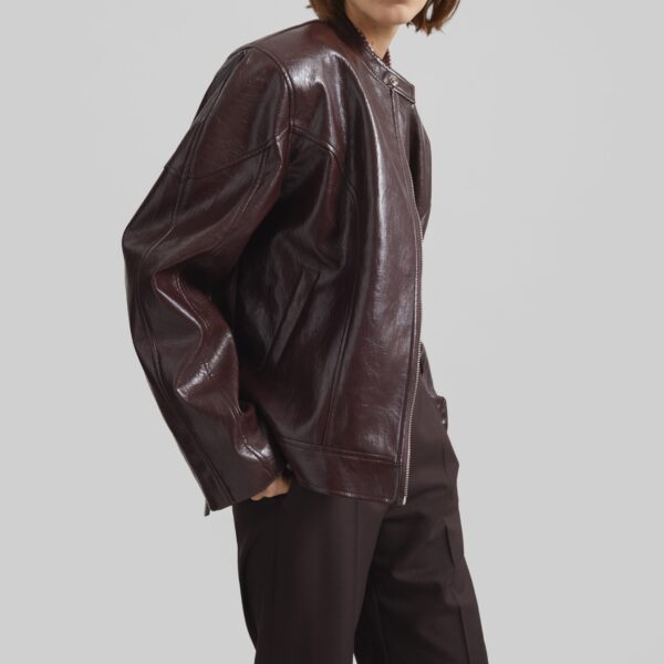 The Frankie Shop Ostend Faux Leather Biker Jacket - Burgundy - Oversized Minimalist Jackets in Red - Shop at Coveti