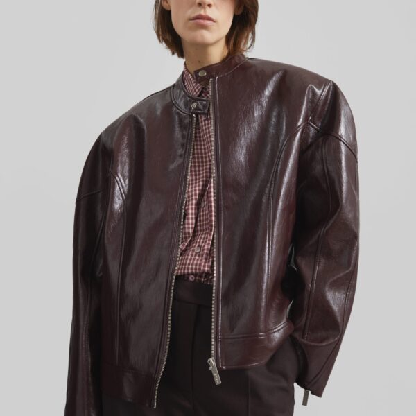The Frankie Shop Ostend Faux Leather Biker Jacket - Burgundy - Oversized Minimalist Jackets in Red - Shop at Coveti
