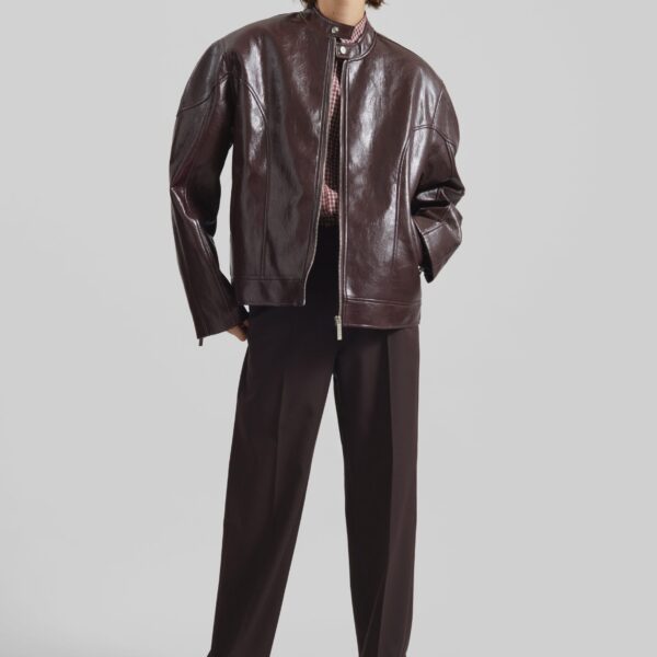 The Frankie Shop Ostend Faux Leather Biker Jacket - Burgundy - Oversized Minimalist Jackets in Red - Shop at Coveti