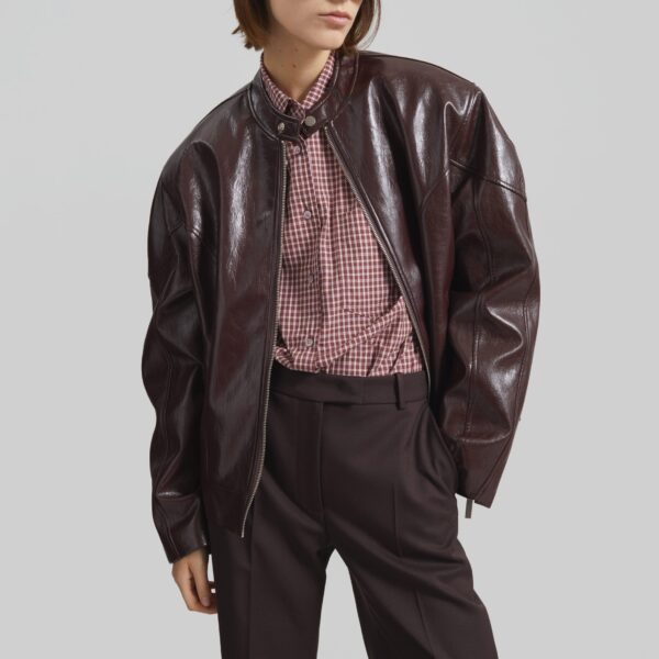 The Frankie Shop Ostend Faux Leather Biker Jacket - Burgundy - Oversized Minimalist Jackets in Red - Shop at Coveti