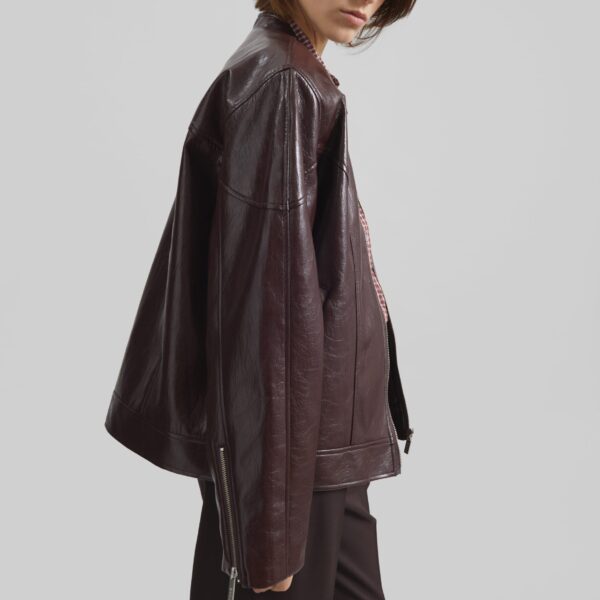 The Frankie Shop Ostend Faux Leather Biker Jacket - Burgundy - Oversized Minimalist Jackets in Red - Shop at Coveti