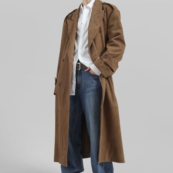 The Frankie Shop Pembroke Faux Suede Trench - Camel - Oversized Minimalist Coats in Brown - Shop at Coveti