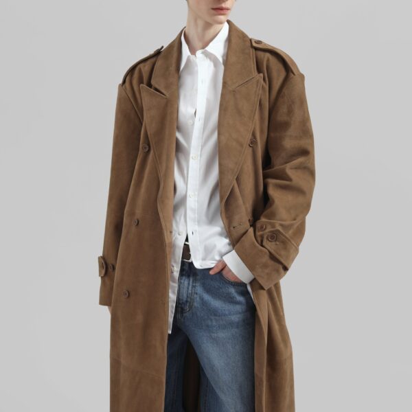 The Frankie Shop Pembroke Faux Suede Trench - Camel - Oversized Minimalist Coats in Brown - Shop at Coveti