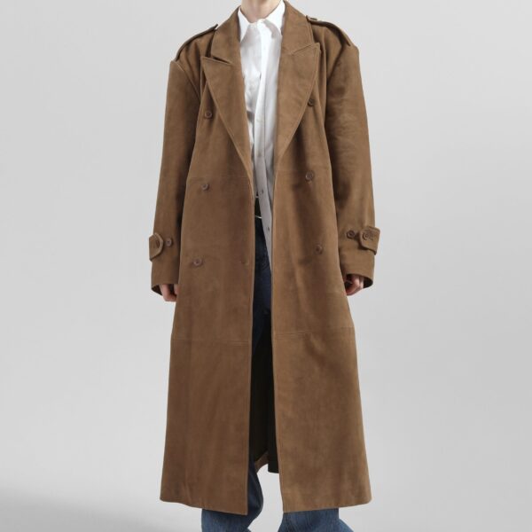 The Frankie Shop Pembroke Faux Suede Trench - Camel - Oversized Minimalist Coats in Brown - Shop at Coveti