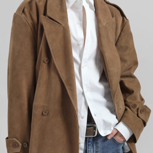 The Frankie Shop Pembroke Faux Suede Trench - Camel - Oversized Minimalist Coats in Brown - Shop at Coveti