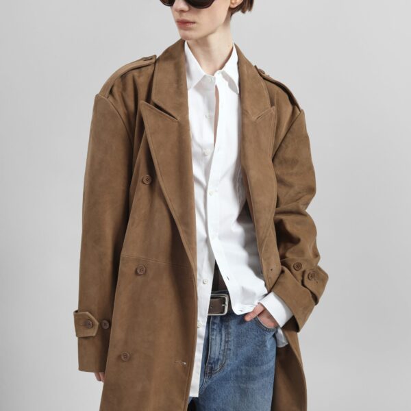 The Frankie Shop Pembroke Faux Suede Trench - Camel - Oversized Minimalist Coats in Brown - Shop at Coveti