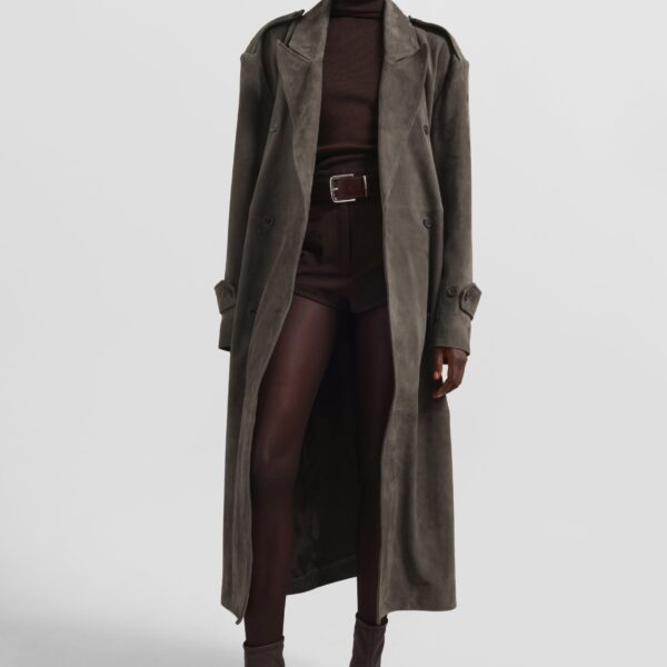 The Frankie Shop Pembroke Faux Suede Trench - Mousse - Oversized Minimalist Coats in Brown - Shop at Coveti