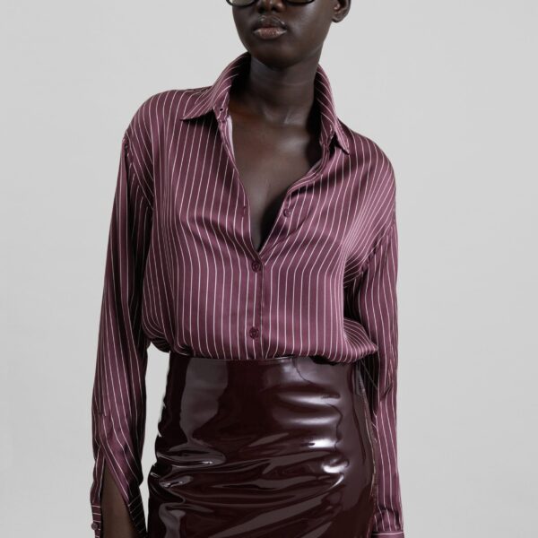The Frankie Shop Peri Satin Fluid Shirt - Burgundy/White Pinstripe - Oversized Minimalist Tops in Red - Shop at Coveti