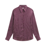 The Frankie Shop Peri Satin Fluid Shirt - Burgundy/White Pinstripe - Oversized Minimalist Tops in Red - Shop at Coveti