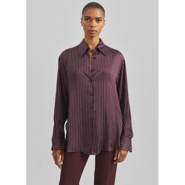 The Frankie Shop Peri Satin Fluid Shirt – Burgundy/White Pinstripe, view 3