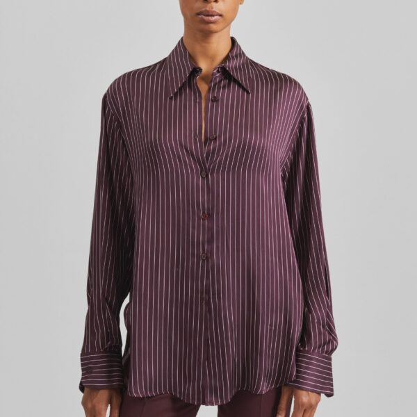 The Frankie Shop Peri Satin Fluid Shirt - Burgundy/White Pinstripe - Oversized Minimalist Tops in Red - Shop at Coveti