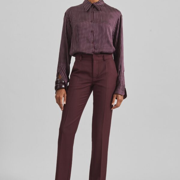 The Frankie Shop Peri Satin Fluid Shirt - Burgundy/White Pinstripe - Oversized Minimalist Tops in Red - Shop at Coveti