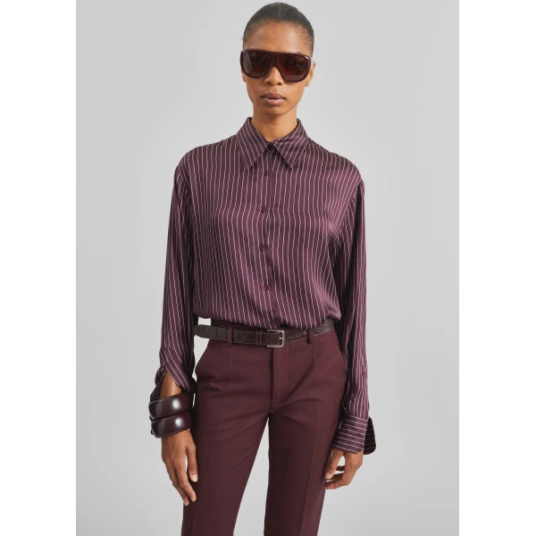 The Frankie Shop Peri Satin Fluid Shirt – Burgundy/White Pinstripe, view 5