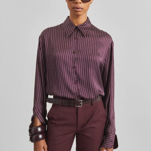 The Frankie Shop Peri Satin Fluid Shirt - Burgundy/White Pinstripe - Oversized Minimalist Tops in Red - Shop at Coveti