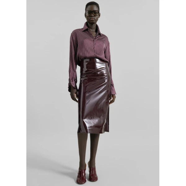 The Frankie Shop Peri Satin Fluid Shirt – Burgundy/White Pinstripe, view 6
