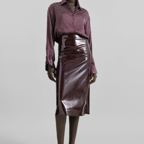 The Frankie Shop Peri Satin Fluid Shirt - Burgundy/White Pinstripe - Oversized Minimalist Tops in Red - Shop at Coveti