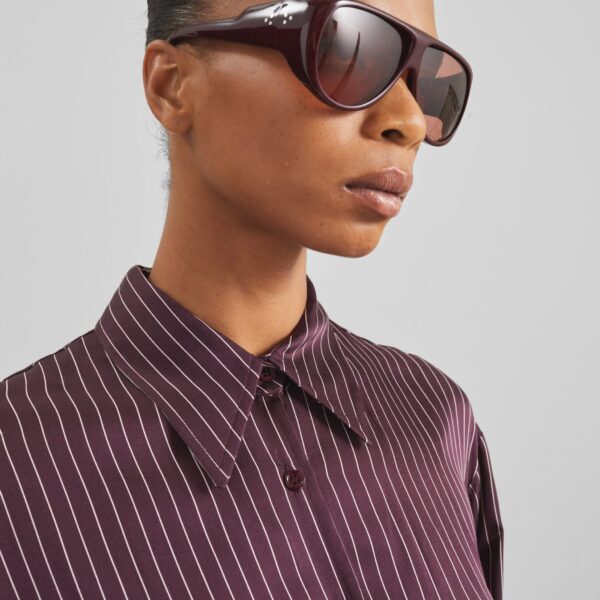 The Frankie Shop Peri Satin Fluid Shirt - Burgundy/White Pinstripe - Oversized Minimalist Tops in Red - Shop at Coveti