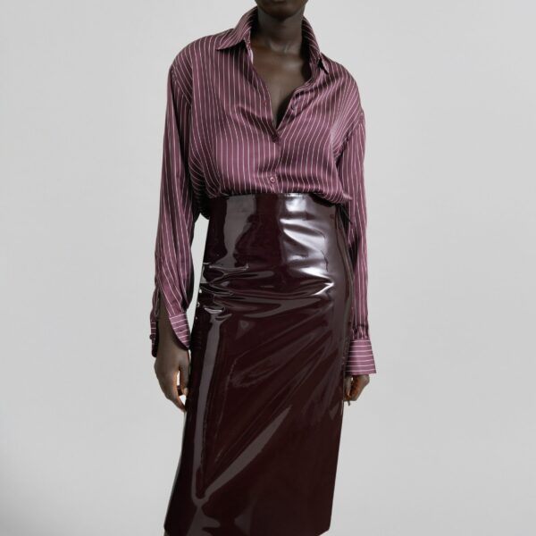 The Frankie Shop Peri Satin Fluid Shirt - Burgundy/White Pinstripe - Oversized Minimalist Tops in Red - Shop at Coveti