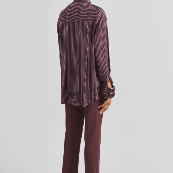 The Frankie Shop Peri Satin Fluid Shirt - Burgundy/White Pinstripe - Oversized Minimalist Tops in Red - Shop at Coveti