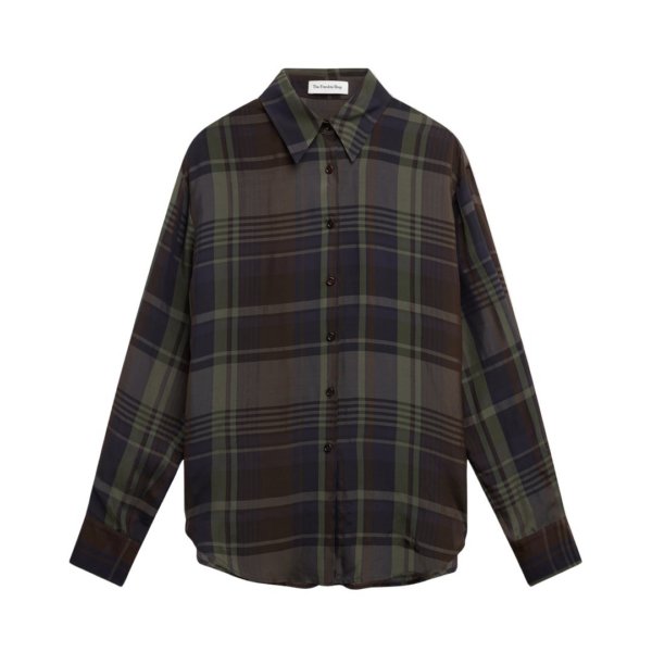 The Frankie Shop Peri Sheer Fluid Shirt - Navy Tartan - Oversized Minimalist Tops in Blue - Shop at Coveti