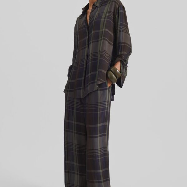 The Frankie Shop Peri Sheer Fluid Shirt - Navy Tartan - Oversized Minimalist Tops in Blue - Shop at Coveti