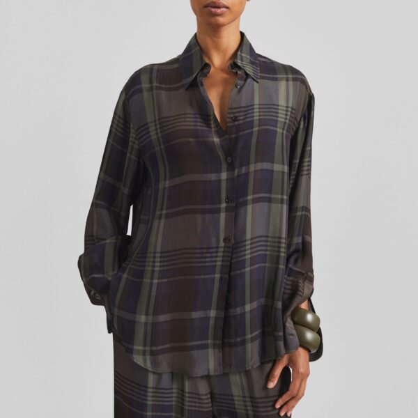 The Frankie Shop Peri Sheer Fluid Shirt - Navy Tartan - Oversized Minimalist Tops in Blue - Shop at Coveti