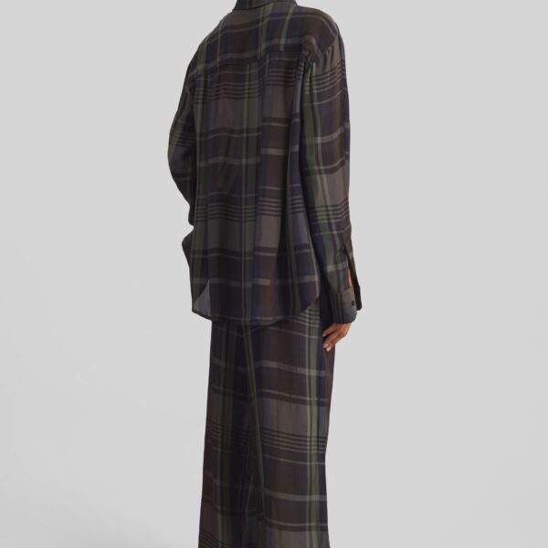 The Frankie Shop Peri Sheer Fluid Shirt - Navy Tartan - Oversized Minimalist Tops in Blue - Shop at Coveti