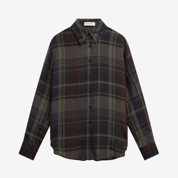 The Frankie Shop Peri Sheer Fluid Shirt - Navy Tartan - Oversized Minimalist Tops in Blue - Shop at Coveti