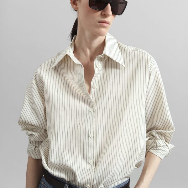 The Frankie Shop Peri Striped Shirt - Ivory/Black - Oversized Minimalist Tops in Black - Shop at Coveti