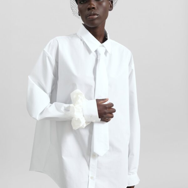 The Frankie Shop Perna Tie Neck Shirt - White - Oversized Minimalist Tops in White - Shop at Coveti
