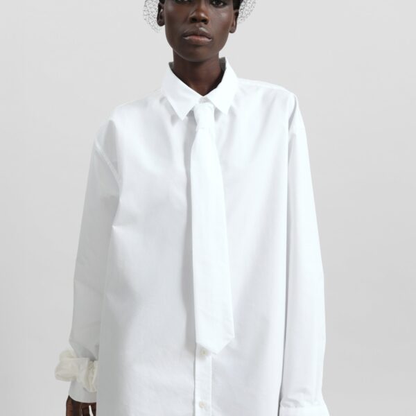 The Frankie Shop Perna Tie Neck Shirt - White - Oversized Minimalist Tops in White - Shop at Coveti