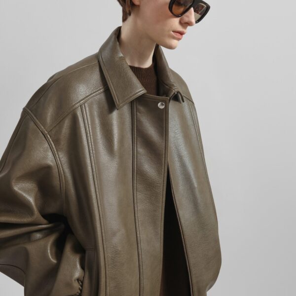 The Frankie Shop Prescott Faux Leather Jacket - Moss Green - Oversized Minimalist Jackets in Green - Shop at Coveti