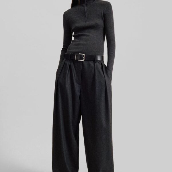 The Frankie Shop Ripley Flannel Pleated Trousers - Dark Grey - Oversized Minimalist Pants in Grey - Shop at Coveti