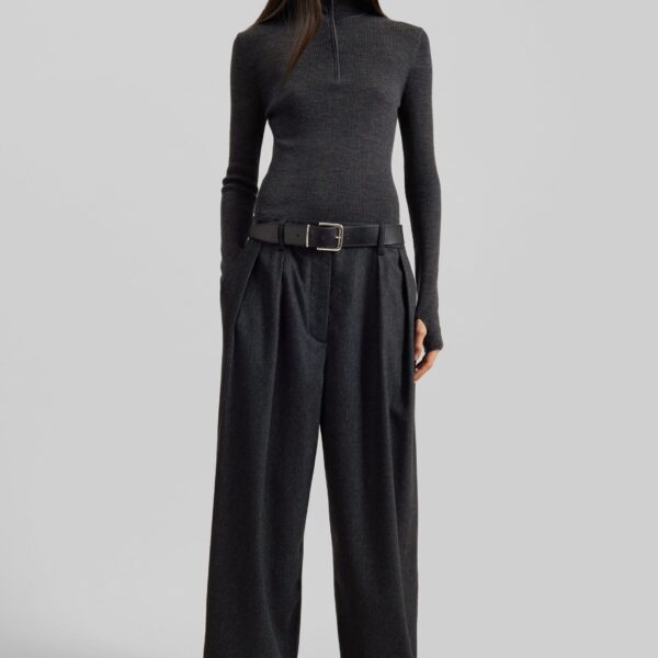 The Frankie Shop Ripley Flannel Pleated Trousers - Dark Grey - Oversized Minimalist Pants in Grey - Shop at Coveti