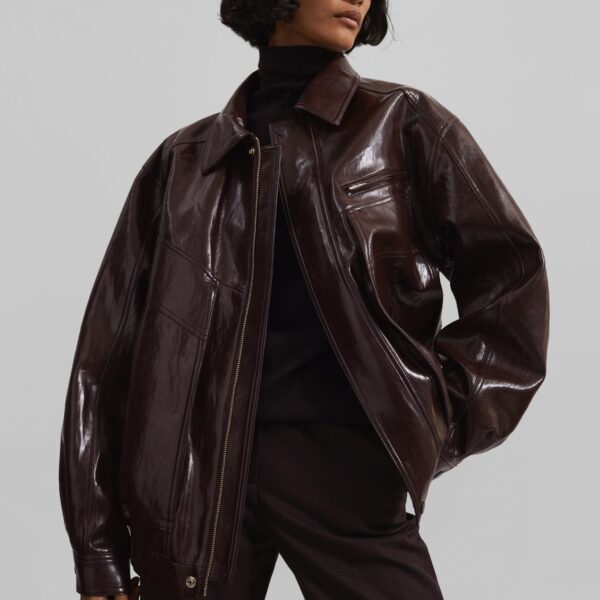 The Frankie Shop Risner Faux Leather Jacket - Burgundy - Oversized Minimalist Jackets in Red - Shop at Coveti