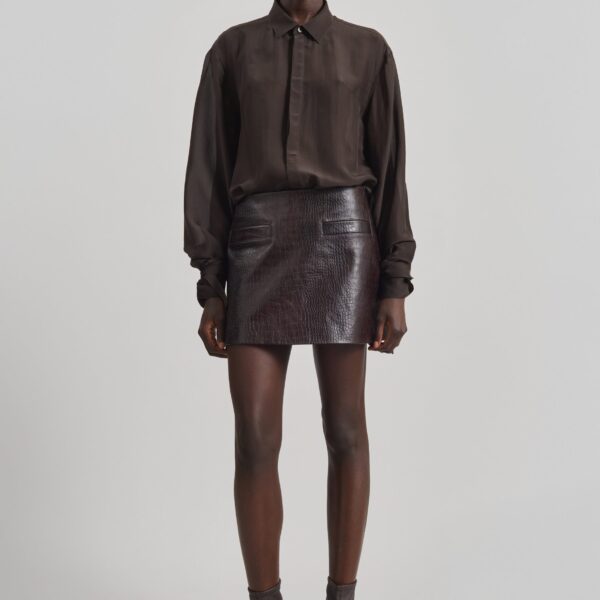 The Frankie Shop Rory Croc Leather Mini Skirt - Dark Brown - Oversized Minimalist Skirts in Brown - Shop at Coveti