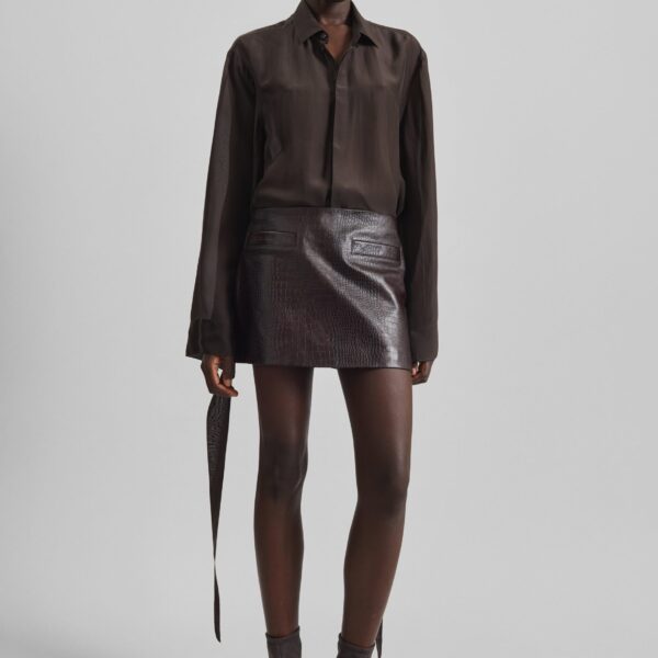 The Frankie Shop Rory Croc Leather Mini Skirt - Dark Brown - Oversized Minimalist Skirts in Brown - Shop at Coveti