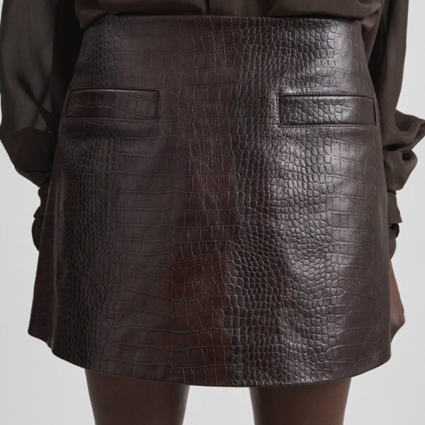 The Frankie Shop Rory Croc Leather Mini Skirt - Dark Brown - Oversized Minimalist Skirts in Brown - Shop at Coveti
