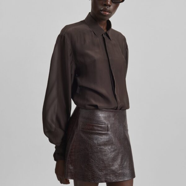 The Frankie Shop Rory Croc Leather Mini Skirt - Dark Brown - Oversized Minimalist Skirts in Brown - Shop at Coveti