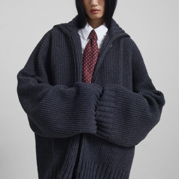 The Frankie Shop Saclay Oversized Zip-Up Cardigan - Charcoal - Oversized Minimalist Knitwear in Blue - Shop at Coveti