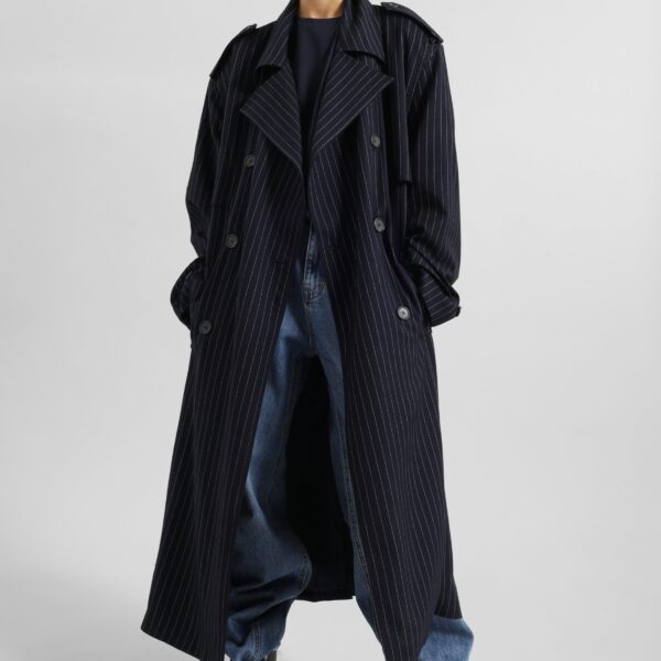 The Frankie Shop Salford Pinstripe Trench - Navy - Oversized Minimalist Coats in Blue - Shop at Coveti