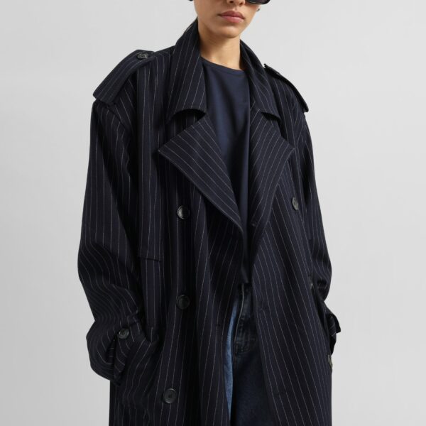 The Frankie Shop Salford Pinstripe Trench - Navy - Oversized Minimalist Coats in Blue - Shop at Coveti