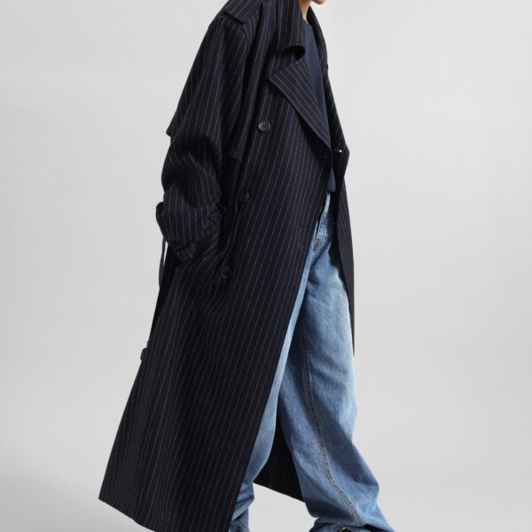 The Frankie Shop Salford Pinstripe Trench - Navy - Oversized Minimalist Coats in Blue - Shop at Coveti
