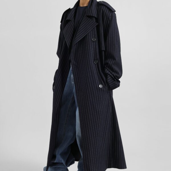 The Frankie Shop Salford Pinstripe Trench - Navy - Oversized Minimalist Coats in Blue - Shop at Coveti