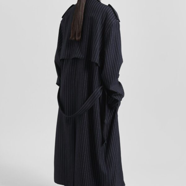 The Frankie Shop Salford Pinstripe Trench - Navy - Oversized Minimalist Coats in Blue - Shop at Coveti