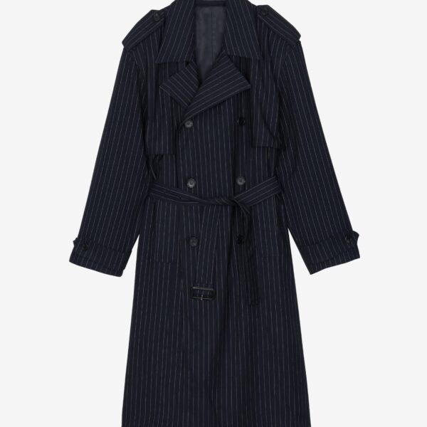The Frankie Shop Salford Pinstripe Trench - Navy - Oversized Minimalist Coats in Blue - Shop at Coveti