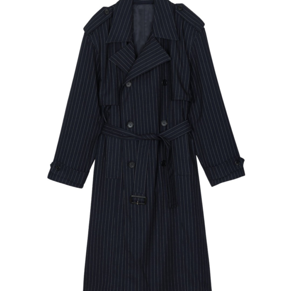 The Frankie Shop Salford Pinstripe Trench - Navy - Oversized Minimalist Coats in Blue - Shop at Coveti