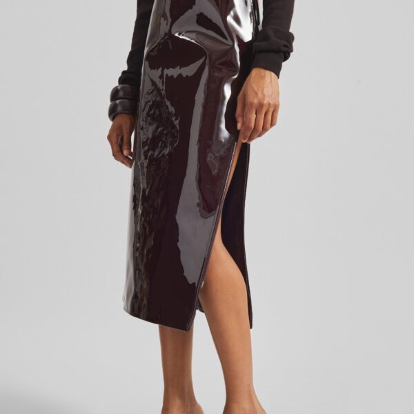 The Frankie Shop Samantha Patent Zip Skirt - Burgundy - Oversized Minimalist Skirts in Red - Shop at Coveti